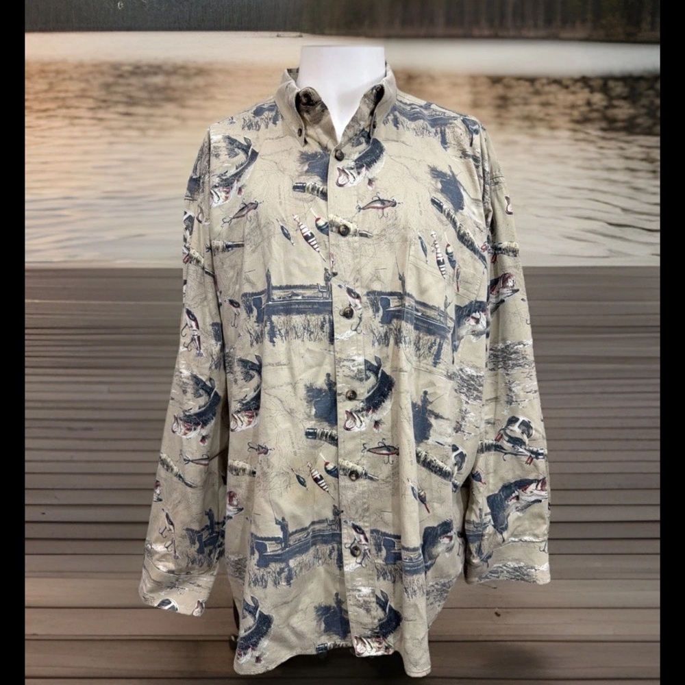 Red Head Fish Print Shirt Mens XL Button Up Fishing Outdoor Camp Lake Camp Trip